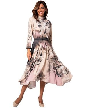 Luna Fashion House Iris Floral-print Long-sleeve A-line Midi Dress - Pink