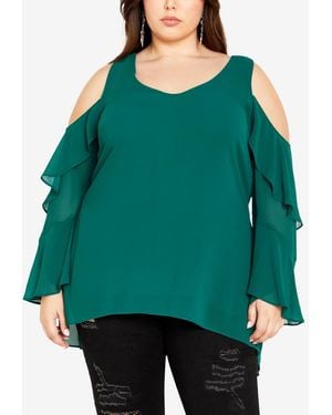 City Chic Plus Size Hi Lo Cold Shoulder Long Sleeve Top - Green