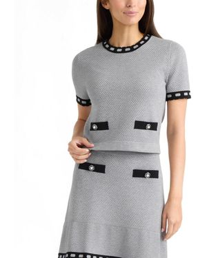 Ellen Tracy Honeycomb-stitch Contrast-trim Short-sleeve Sweater - Gray