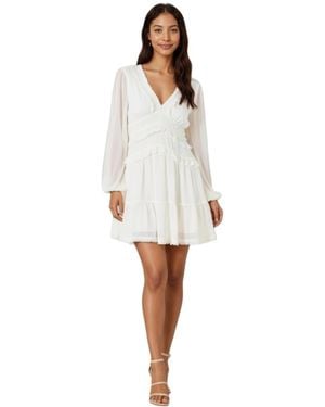 Modenaire Genevieve Chiffon Ruffle V-neck Long Sleeve Mini Dress - White