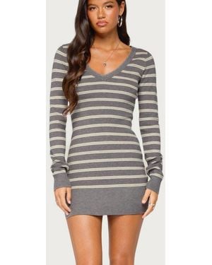 Edikted Kerla Long-sleeve Striped V-neck Mini Dress - Gray