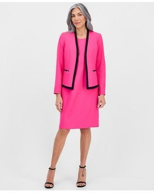 Le Suit Collarless Open-front Ponte Jacket & 2 Piece Dress Suit - Pink