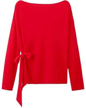 Mango Fine-knit Bow Boat-neck Long-sleeve Sweater - Red