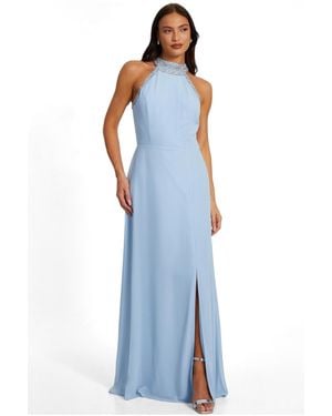 Quiz Embellished Halter Neck Chiffon Maxi Dress - Blue