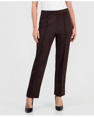 Anne Klein Essentials Petite Faux Suede Pull-on Straight-leg Pintuck Pants - Brown