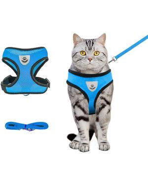 Aronkl Summer Cat Harness Leash Set Anti Escape Adjustable Soft Mesh Reflective Breathable Lightweight - Blue