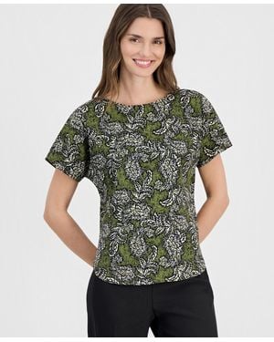 Anne Klein Printed Boat-neck Short-sleeve Top - Green
