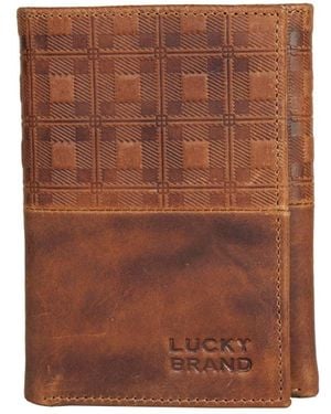 Lucky Brand Plaid Embossed Leather Trifold Wallet - Brown