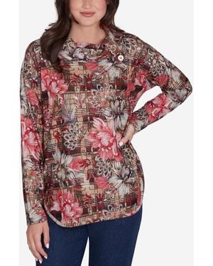 Ruby Rd. Petite Cowl Neck Floral Plaid Printed Hatchi Knit Top - Red