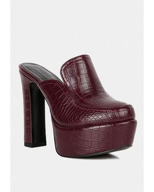 Rag & Co Bauhaus Croc Pattern Heeled Platform Mules - Purple