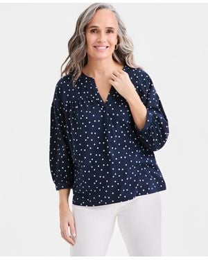 Style & Co. Printed 3/4 Sleeve Split-neck Top - Blue