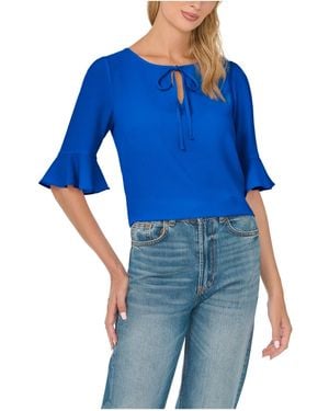 Cece Split Tie Neck Ruffle Cuff 3/4-sleeve Top - Blue