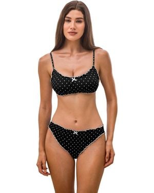 CUPSHE Vertical Stripe Ruffled Bow Detail Bikini Set - Black