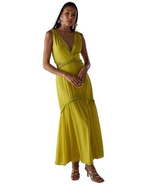 Warehouse Chiffon Fringe Trim Cut Out Maxi Dress - Green