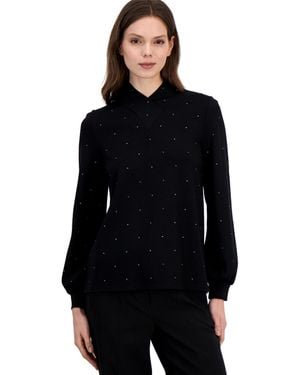 Anne Klein Cowl Neck Puff Sleeve Rhinestone Blouse - Black