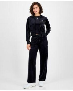 Guess Couture Cropped Velour Hoodie Short Sleeve T Shirt Couture Straight Leg Velour Pants - Blue
