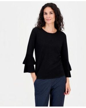 Kasper Textured Knit Flared Cuff 3 4 Sleeve Top - Black