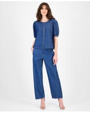 Anne Klein Cotton Gathered Denim Blouse Cotton High Rise Wide Leg Jeans - Blue