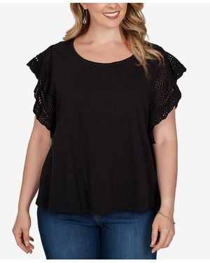Ruby Rd. Plus Size Crochet Sleeve Solid Cotton T-shirt - Black