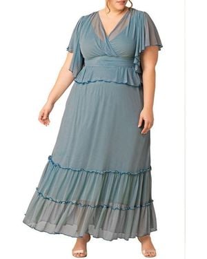Kiyonna Plus Size Graceful Tiered Mesh Gown - Blue