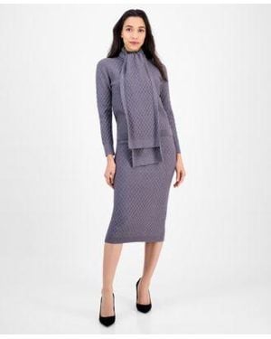 Anne Klein Cable Knit Long Sleeve Scarf Sweater Pull On Cable Stitch Midi Skirt - Purple