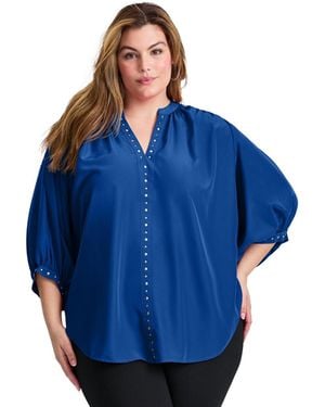 Avenue Plus Size Studded Blouson Sleeve Blouse - Blue