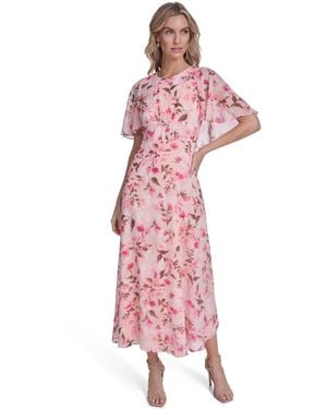 Calvin Klein Short Sleeve Smocked Printed Dress - Pink