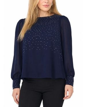Msk Petite Rhinestone-embellished Long-sleeve Blouse - Blue