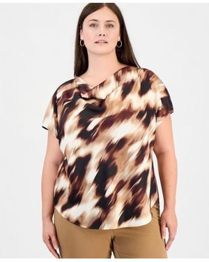 Anne Klein Plus Size Cowl Neck Short-sleeve Print Blouse - Brown