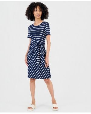 Style & Co. Petite Striped Side-tie Short-sleeve Dress - Blue