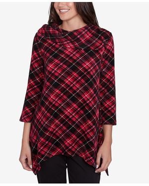 Ruby Rd. Petite Plaid Chenille Ribbed Knit Split Cowl Neck Top - Red
