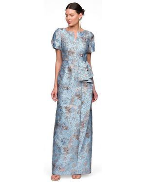 JS Collections Daria Floral-print Cascade Metallic Jacquard Gown - Blue