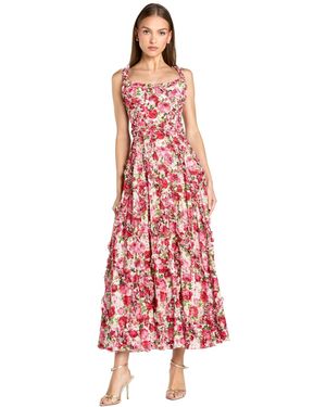 Mac Duggal Floral Cotton Ruffle Square Neck Ankle Dress - Red