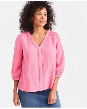 Style & Co. Cotton Gauze V-neck Blouse - Pink