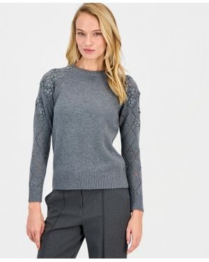 Anne Klein Flower-trim Long-sleeve Sweater - Blue