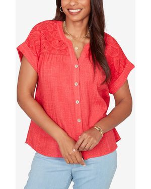 Ruby Rd. Petite Paisley Embroide Gauze-button T-shirt - Red
