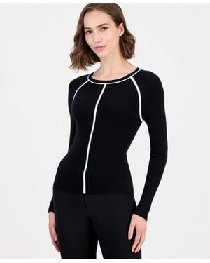 Tahari Raglan-sleeve Ribbed Crewneck Long-sleeve Pullover Sweater - Blue