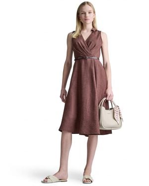 DKNY Midi A-line Faux-wrap Faux Leather Shirt Dress - Red