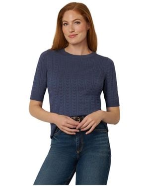 Cable & Gauge Pointelle Stitch Jewel Neck Sweater - Blue