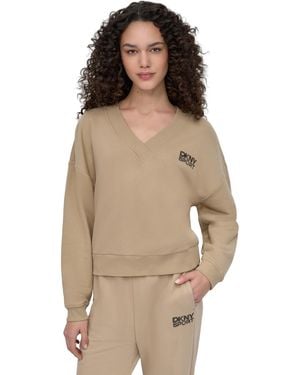 DKNY Sport Rhinestone-logo V-neck Pullover Top - Natural