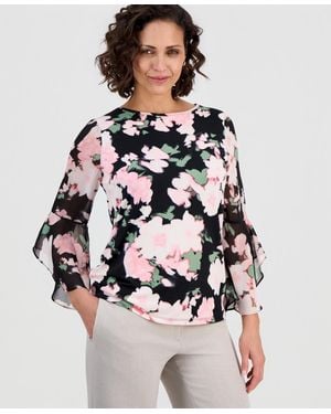 Kasper Petite Chiffon Flutter-sleeve Top - Gray