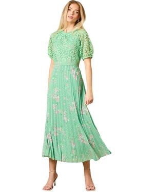 Oasis Floral Lace Bodice Pleated Midi Dress - Green