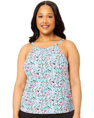 Island Escape Plus Size High-neck Underwire Tankini Top - Blue