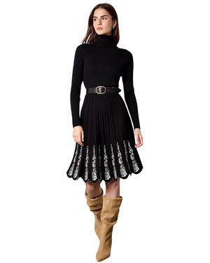 Apricot High-neck Lace Embroidery Fit & Flare Dress - Black