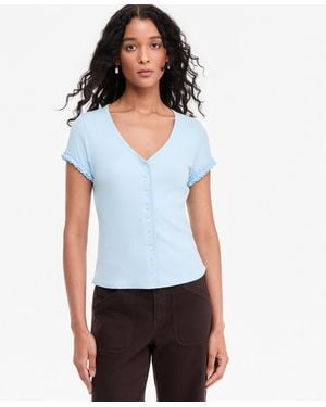 On 34th Ruffle-trim Button-front Short-sleeve Ribbed Top - White