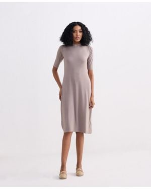 REISTOR High Neck Elbow Sleeves Fitted Dress - Pink