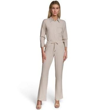 Calvin Klein Petite Collared Button Down Blouse Top Pull On Straight Leg Pants - Natural