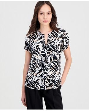 Anne Klein Essentials Petite Tulip-sleeve Printed Split-neck Top - Black
