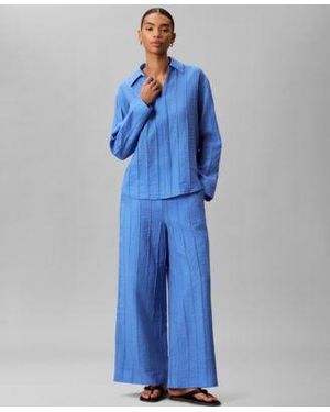 Calvin Klein Long Sleeve Classic Fit Open Collared Shirt Wide Leg Mid Rise Pants - Blue