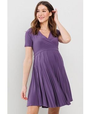 Hello Miss Maternity A-line Pleated V-neck Nursing Dress - Purple